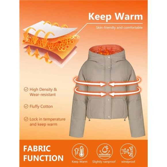 Womens Cropped Puffer Jacket Hooded Zip Up Khaki - Picture 2 of 6